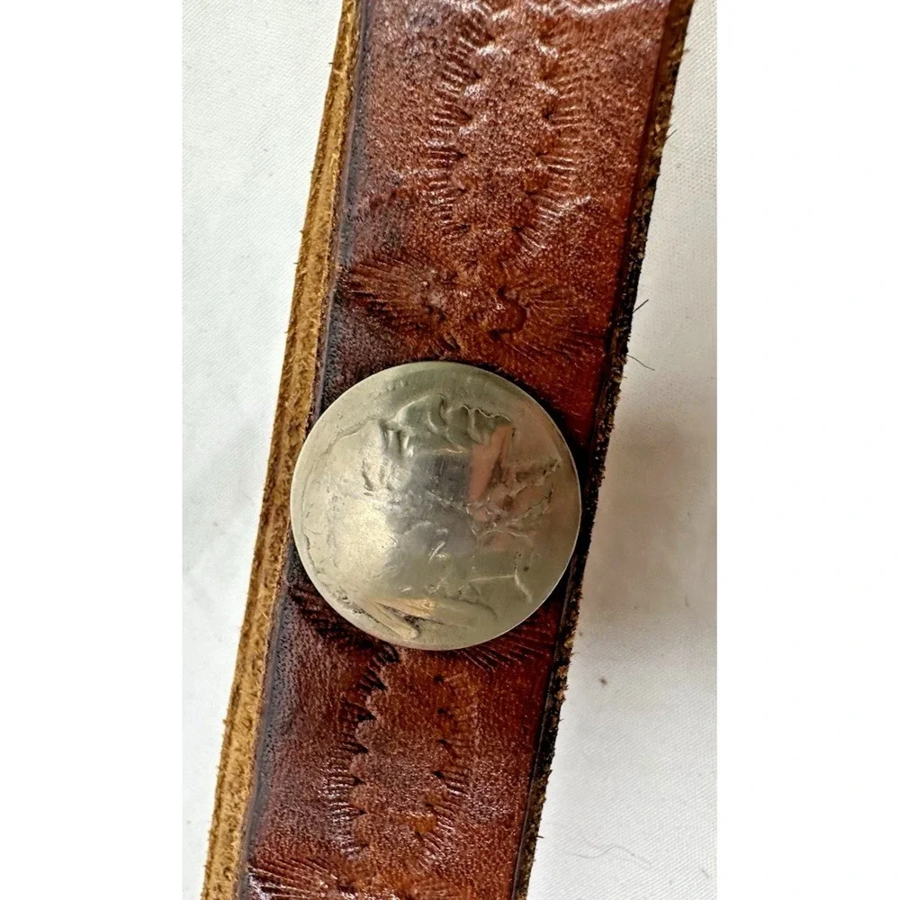 Buffalo Head Nickel Youth Belt 28 Handcrafted Brown Leather Tooled Western Vtg